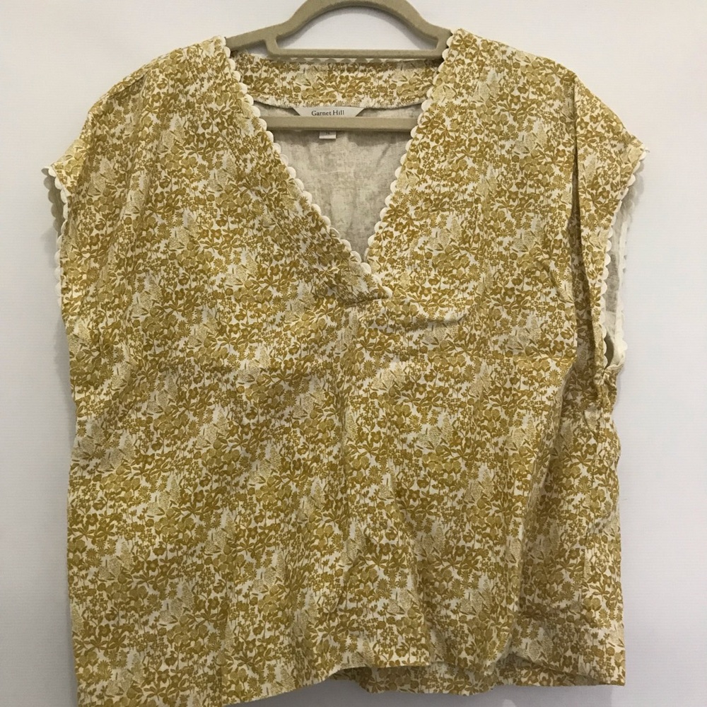 Garnet Hill Linen Women’s Floral V-Neck Sleeveless Top - Yellow Size 16